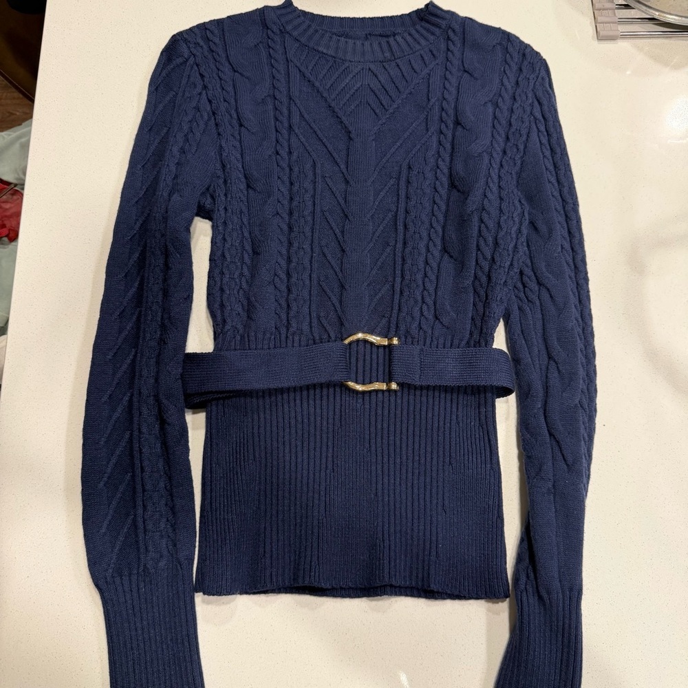 Commense Cinched Waist Belted Cable Knit Top - Picture 3 of 3